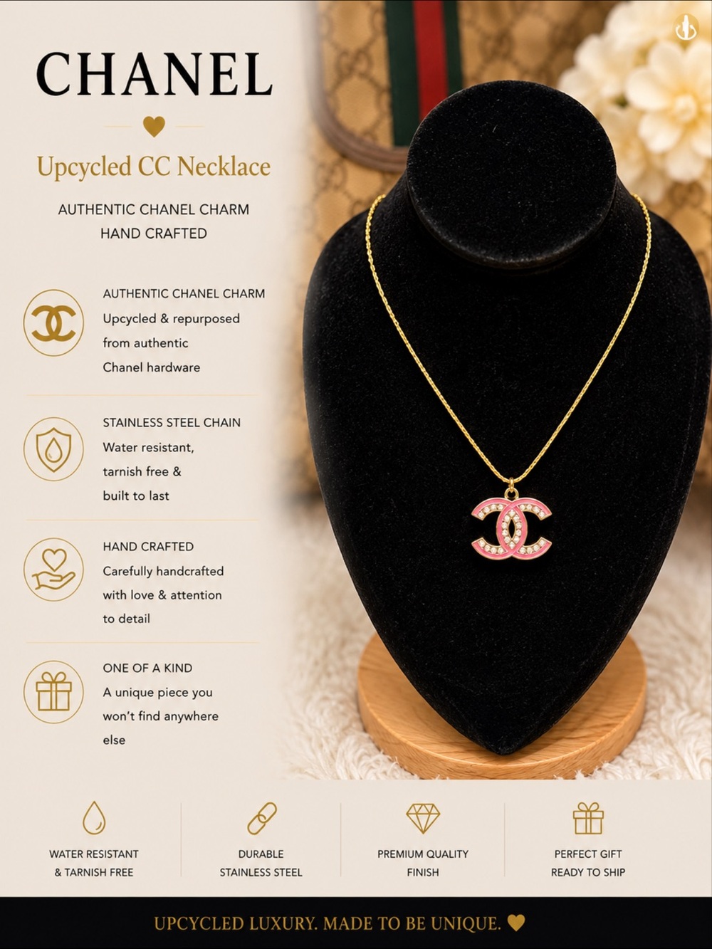 Upcycled CC Pendant Necklace - Pink & Gold